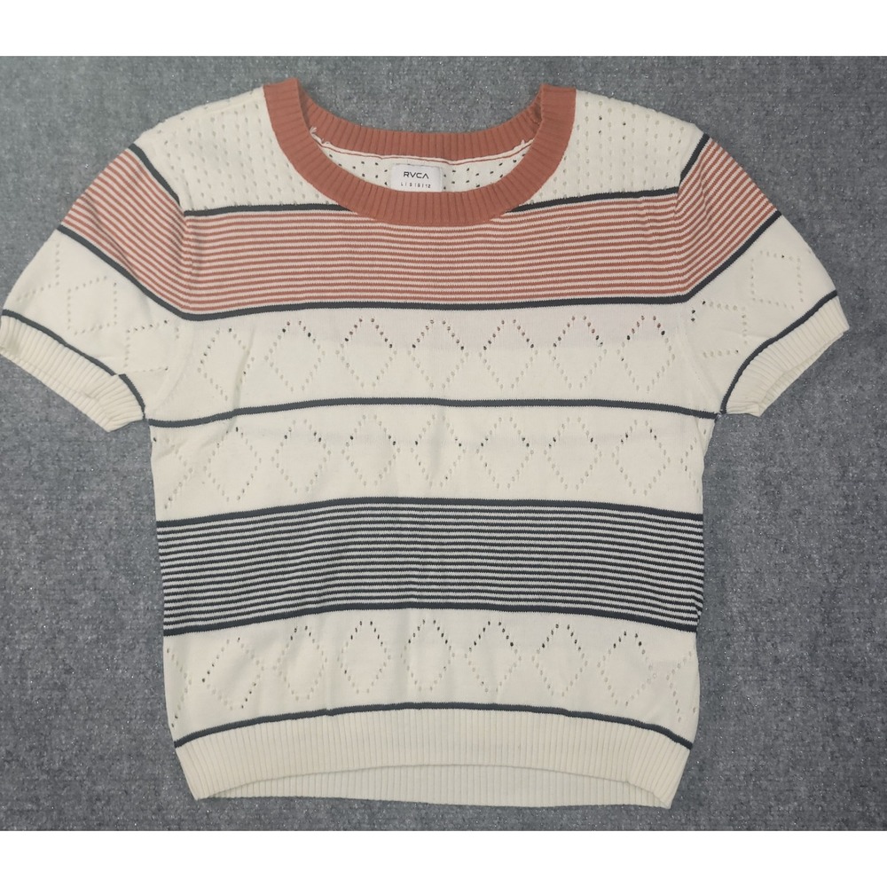 RVCA Womens Short Sleeve Striped Pointelle Knit Sweater Top Cream Rust Large